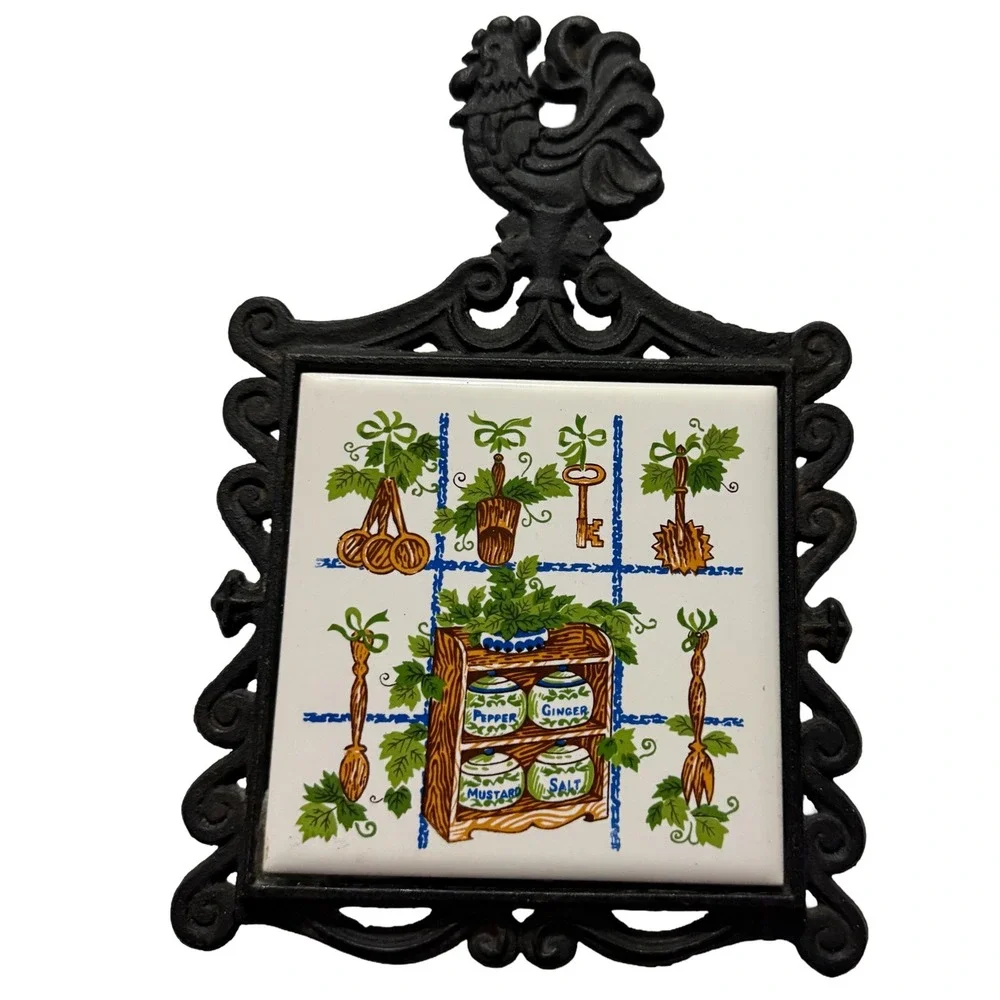 VTG Cherry MCM Ceramic Tile Cast Iron Trivet Kitchen Japan Excellent Condition!